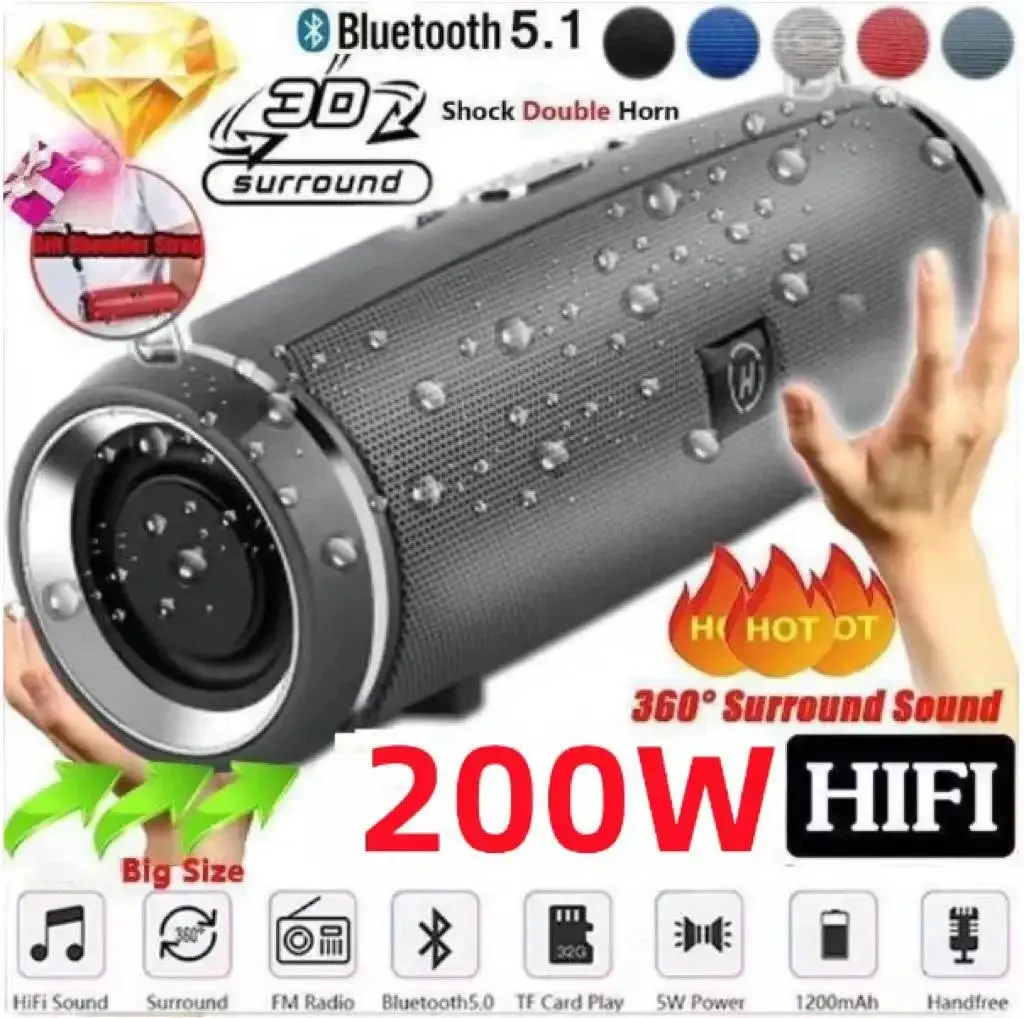200W Portable Bluetooth Speaker - IPX7 Waterproof Outdoor HiFi Pillar Subwoofer with FM Radio & TF Card Boom Box