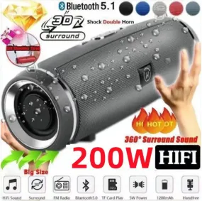 200W Portable Bluetooth Speaker - IPX7 Waterproof Outdoor HiFi Pillar Subwoofer with FM Radio & TF Card Boom Box