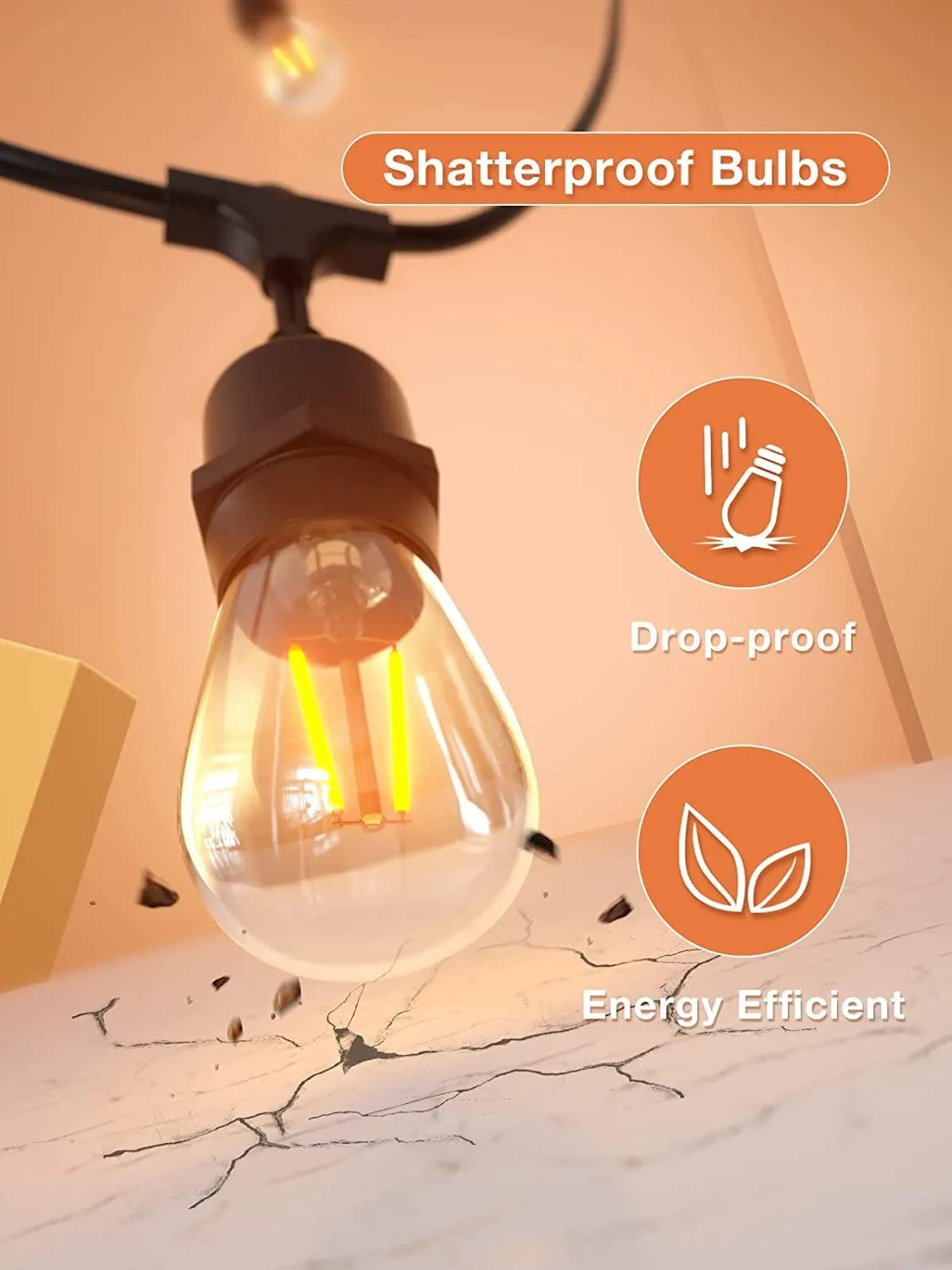 2pcs LED Outdoor String Lights 48FT Dimmable Edison Bulb for Weddings, Holidays