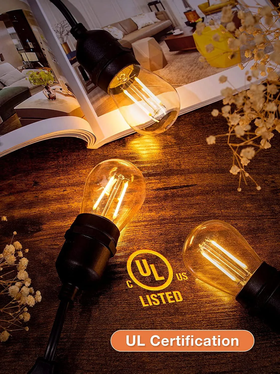 2pcs LED Outdoor String Lights 48FT Dimmable Edison Bulb for Weddings, Holidays