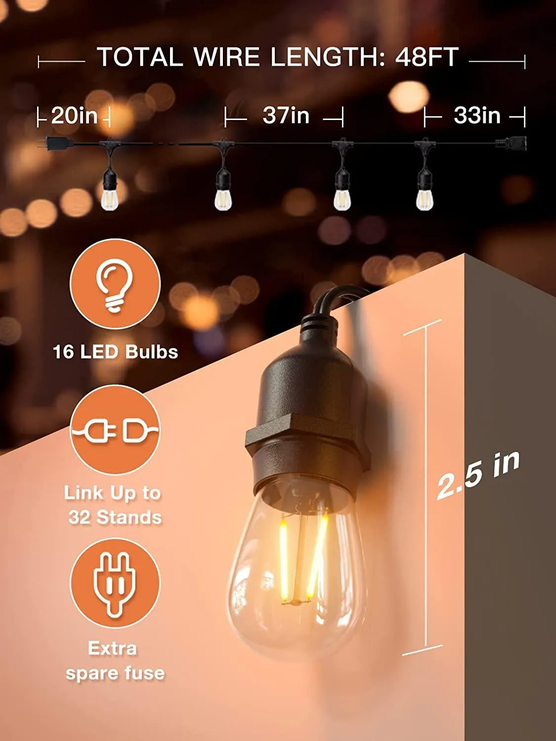 2pcs LED Outdoor String Lights 48FT Dimmable Edison Bulb for Weddings, Holidays
