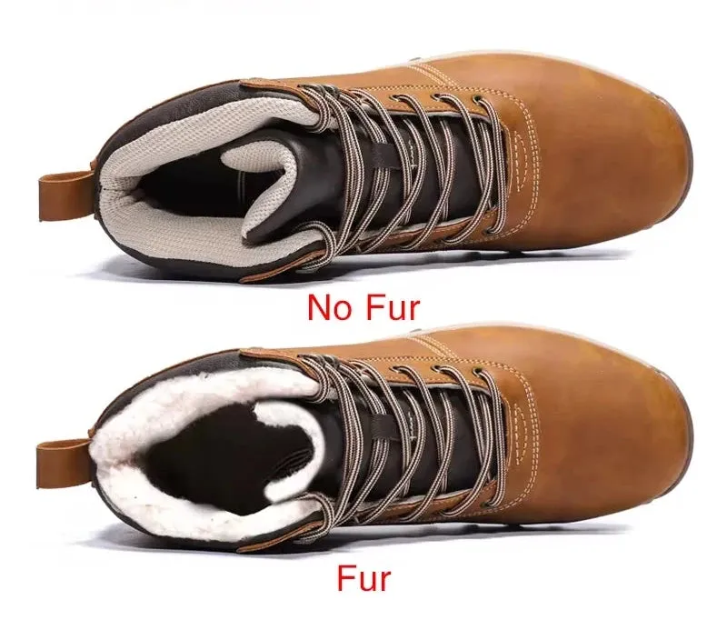 Men's Genuine Leather Winter Snow Boots - Warm Fur-Lined, Waterproof Ankle Boots, Handmade High-Top Work Shoes