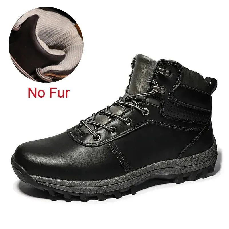 Men's Genuine Leather Winter Snow Boots - Warm Fur-Lined, Waterproof Ankle Boots, Handmade High-Top Work Shoes