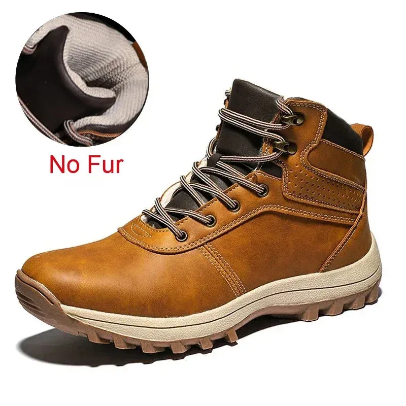 Men's Genuine Leather Winter Snow Boots - Warm Fur-Lined, Waterproof Ankle Boots, Handmade High-Top Work Shoes