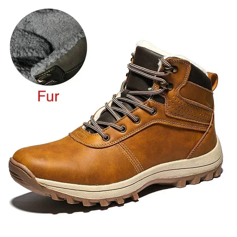 Men's Genuine Leather Winter Snow Boots - Warm Fur-Lined, Waterproof Ankle Boots, Handmade High-Top Work Shoes