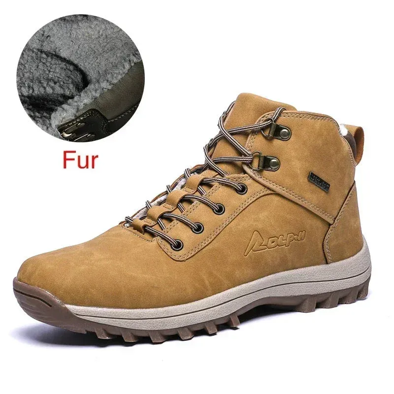 Men's Genuine Leather Winter Snow Boots - Warm Fur-Lined, Waterproof Ankle Boots, Handmade High-Top Work Shoes
