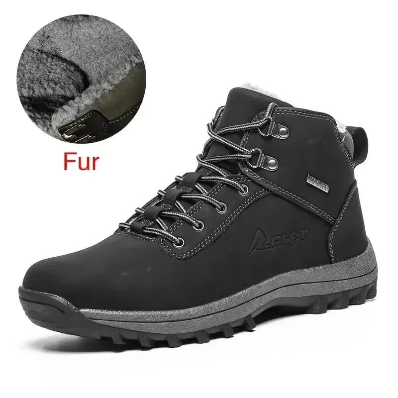 Men's Genuine Leather Winter Snow Boots - Warm Fur-Lined, Waterproof Ankle Boots, Handmade High-Top Work Shoes