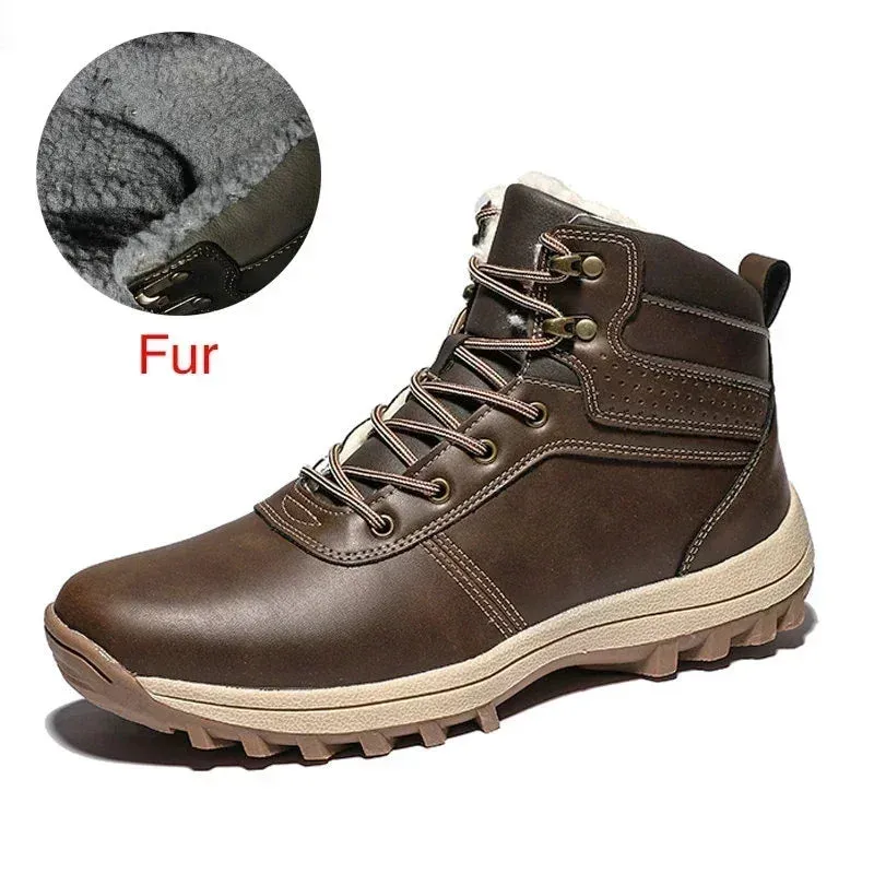 Men's Genuine Leather Winter Snow Boots - Warm Fur-Lined, Waterproof Ankle Boots, Handmade High-Top Work Shoes