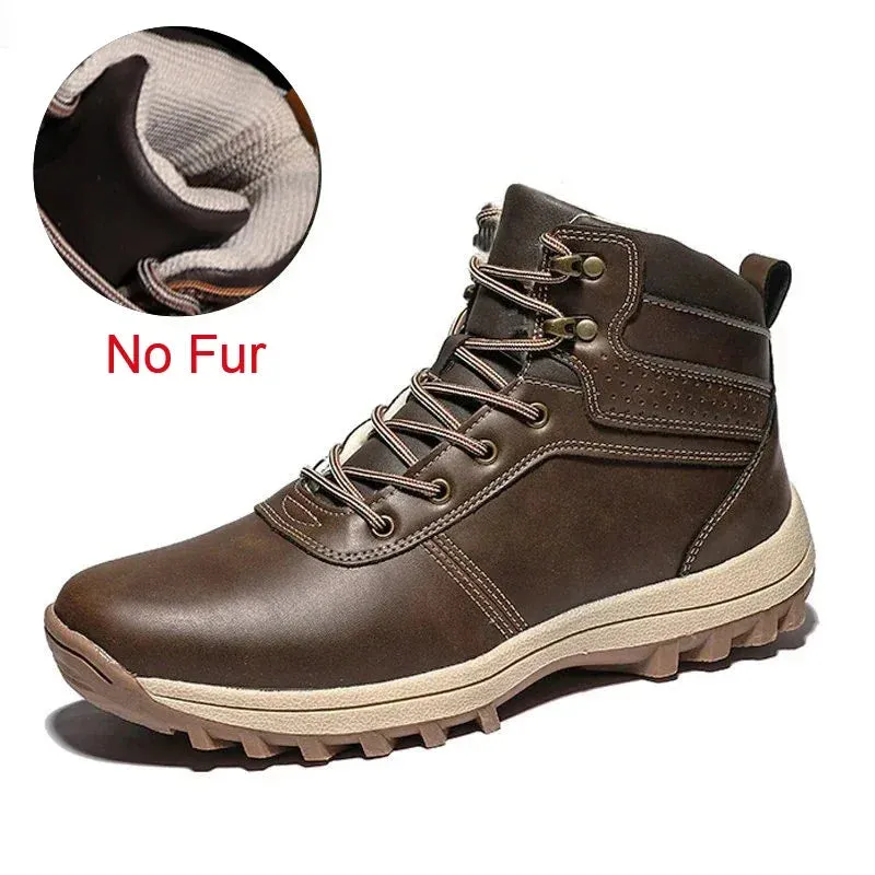Men's Genuine Leather Winter Snow Boots - Warm Fur-Lined, Waterproof Ankle Boots, Handmade High-Top Work Shoes