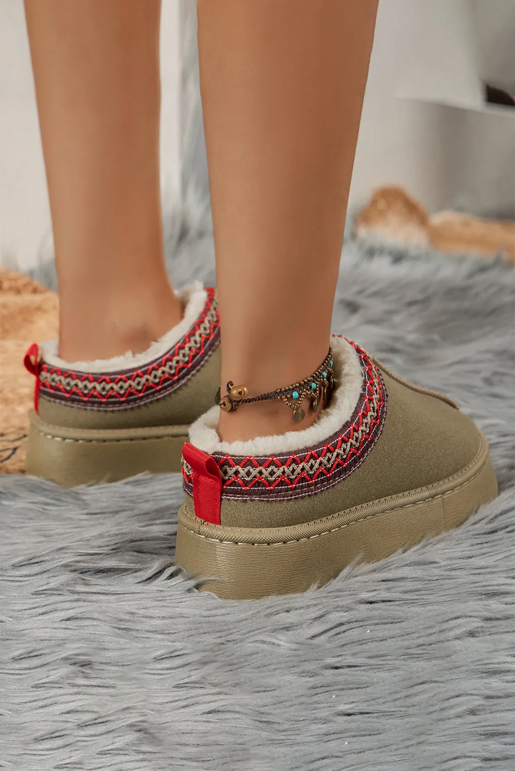 Sage Green Suede Contrast Print Plush Lined Snow Boots