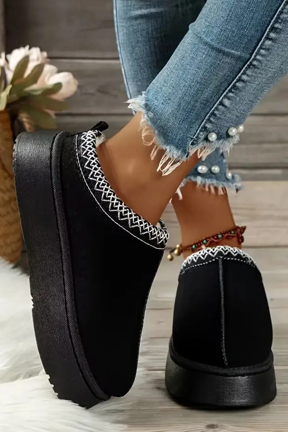 Suede Contrast Print Plush Lined Snow Boots