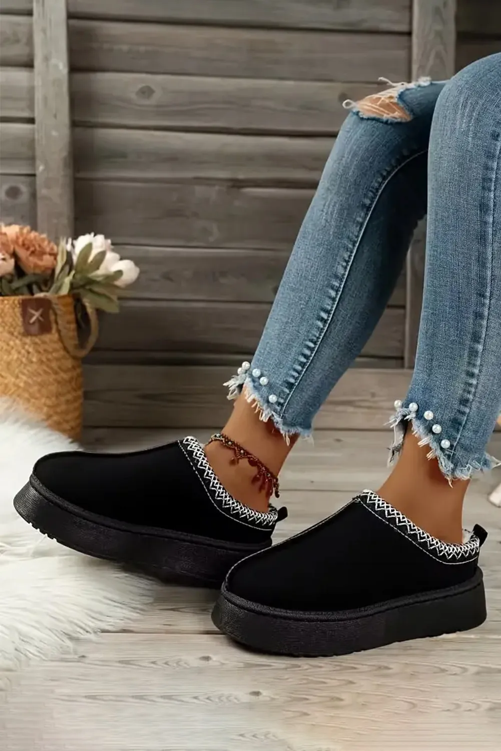 Suede Contrast Print Plush Lined Snow Boots